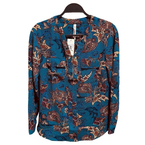 NY Collection Tops - NY‎ Collection Top Size S Teal Printed Half Zip Utility Classic Blouse NWT